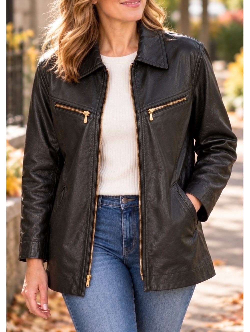 READ** Vintage Danier Black Genuine Leather Jacket Coat Gold Zip Women’s L 90s